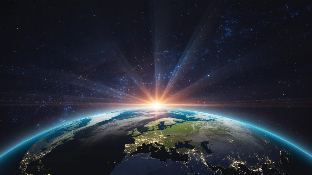 Cosmic view of Earth bathed in divine golden light from space