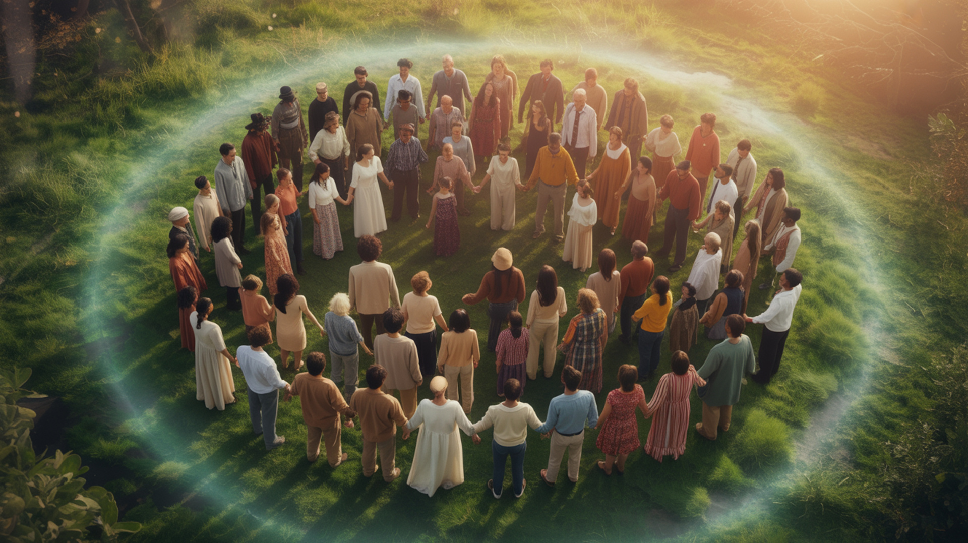 Diverse people from all cultures standing together in unity on a lush green Earth bathed in golden light