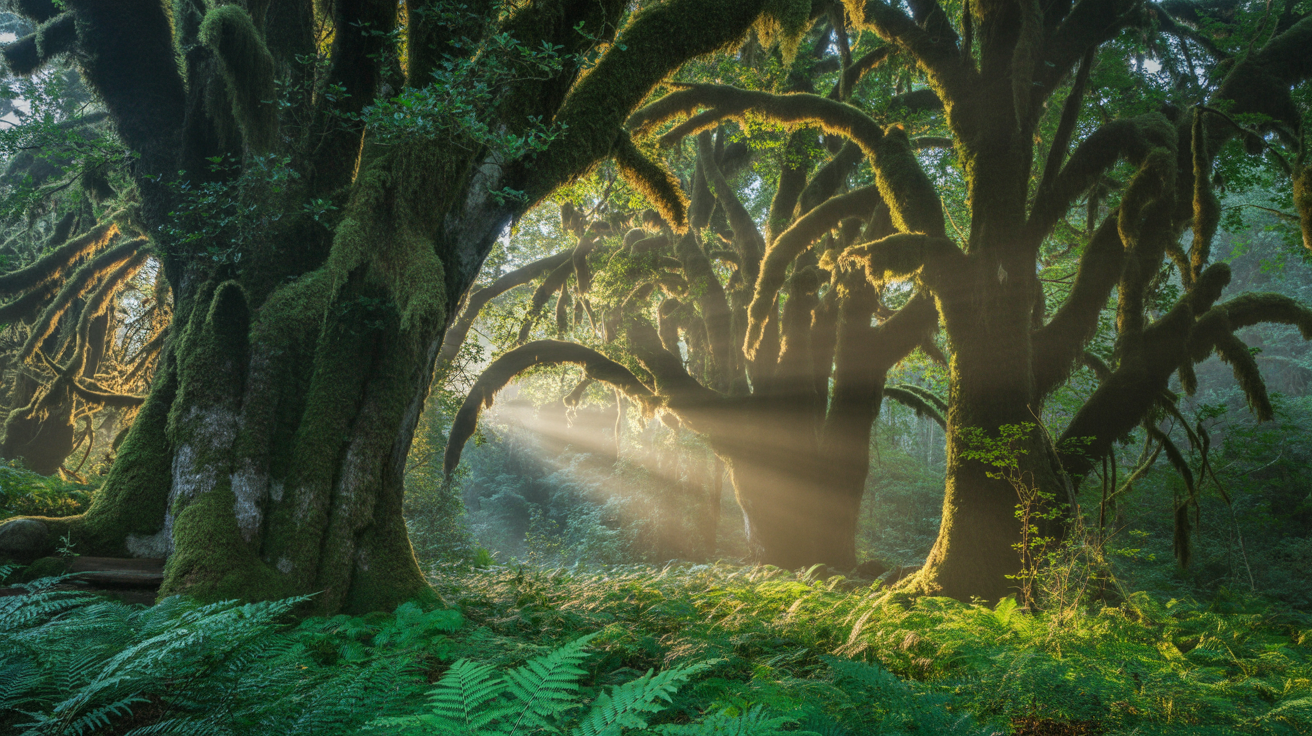 Ancient forest with golden sunlight filtering through majestic trees and morning mist